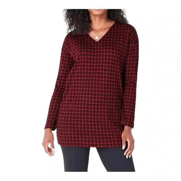 J. JILL RED SUPIMA COTTON CHECK PRINT LONG SLEEVE TUNIC BUFFALO PLAID MEDIUM PET - Picture 1 of 7